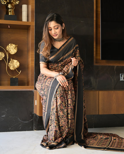 Royal Black Heritage Printed Dola Silk Saree