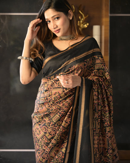 Royal Black Heritage Printed Dola Silk Saree