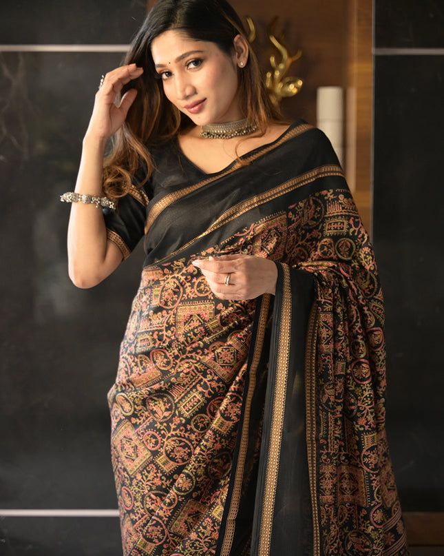 Royal Black Heritage Printed Dola Silk Saree