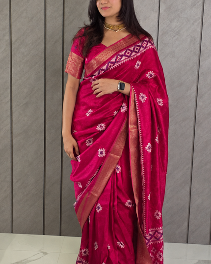 Rani Pink Dola Silk Mirror Work & Traditional Print Ready-to-Wear Saree