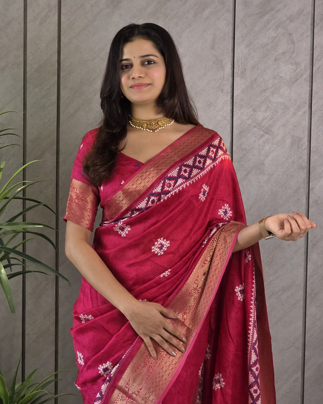 Rani Pink Dola Silk Mirror Work & Traditional Print Ready-to-Wear Saree