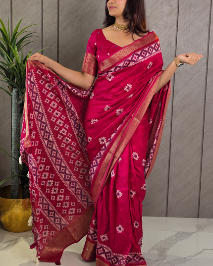 Rani Pink Dola Silk Mirror Work & Traditional Print Ready-to-Wear Saree