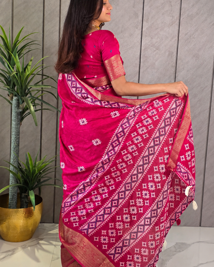 Rani Pink Dola Silk Mirror Work & Traditional Print Ready-to-Wear Saree