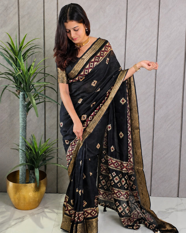Classic Black Dola Silk Mirror Work & Traditional Print Ready-to-Wear Saree