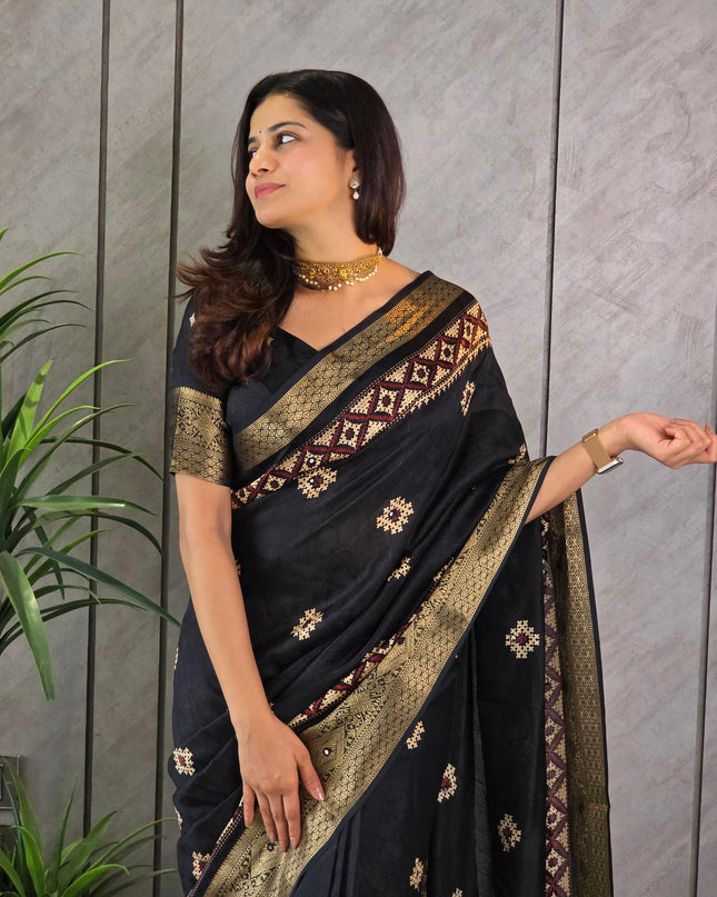 Classic Black Dola Silk Mirror Work & Traditional Print Ready-to-Wear Saree