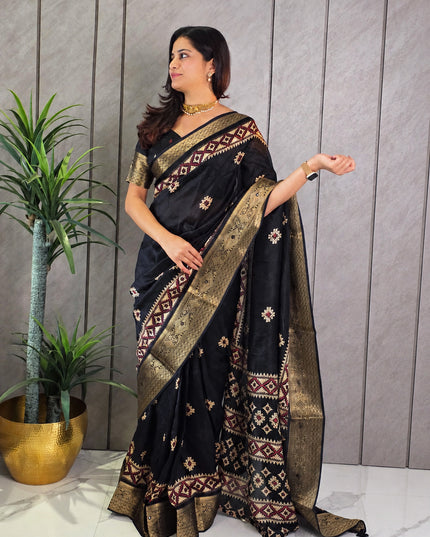 Classic Black Dola Silk Mirror Work & Traditional Print Ready-to-Wear Saree