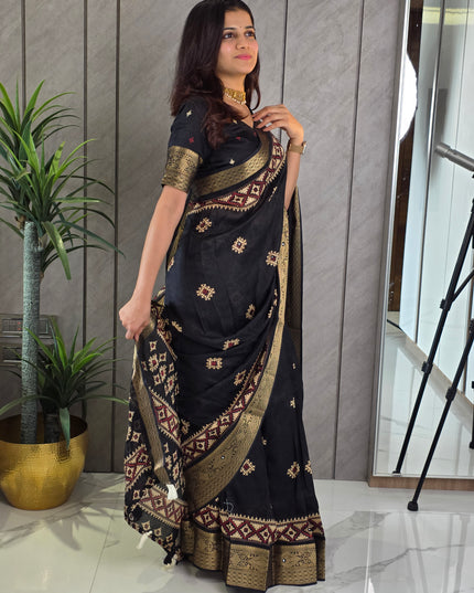 Classic Black Dola Silk Mirror Work & Traditional Print Ready-to-Wear Saree
