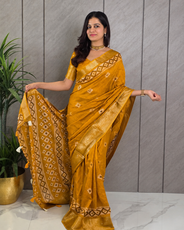 Mustard Gold Dola Silk Mirror Work & Traditional Print Ready-to-Wear Saree