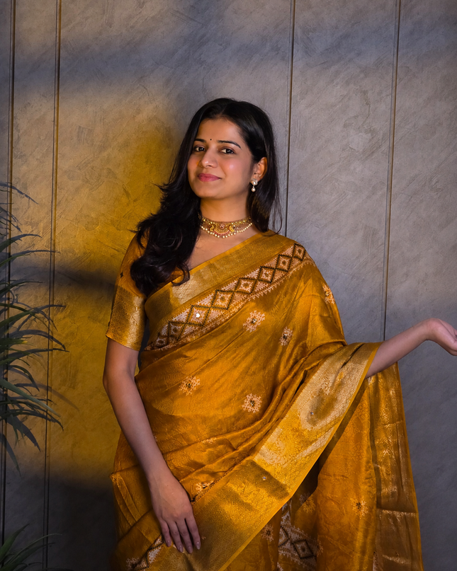 Mustard Gold Dola Silk Mirror Work & Traditional Print Ready-to-Wear Saree