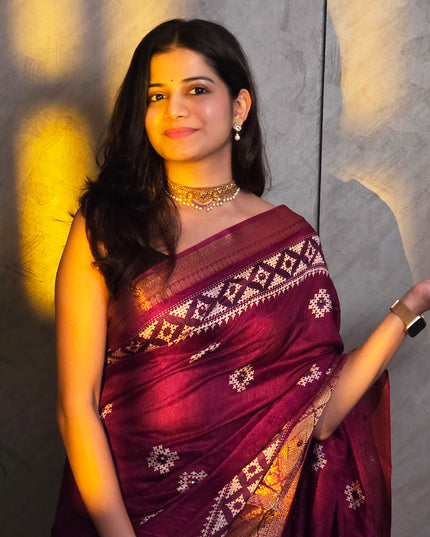 Wine Dola Silk Mirror Work & Traditional Print Ready-to-Wear Saree