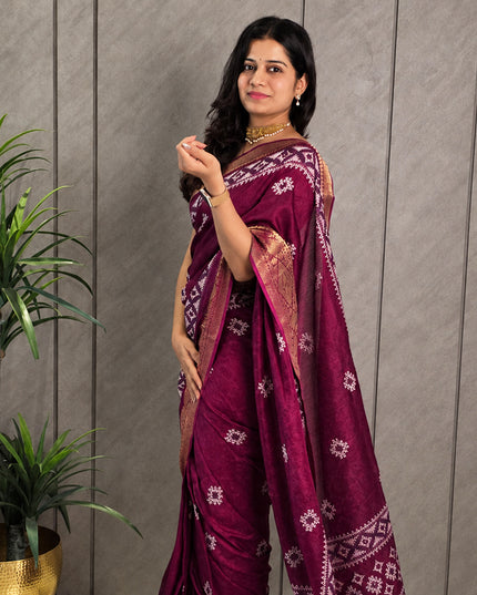 Wine Dola Silk Mirror Work & Traditional Print Ready-to-Wear Saree