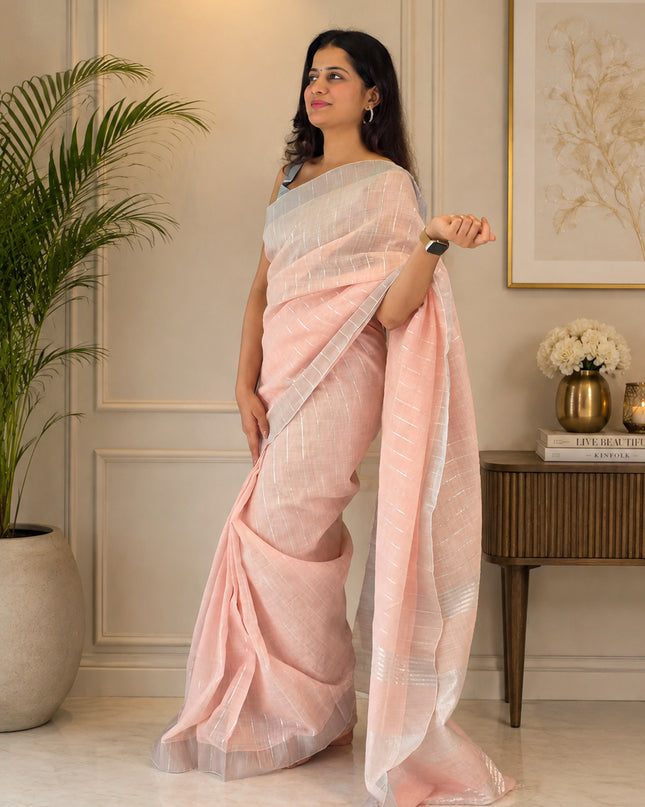 Baby Pink Linen Ready-to-Wear Saree with Blouse Piece