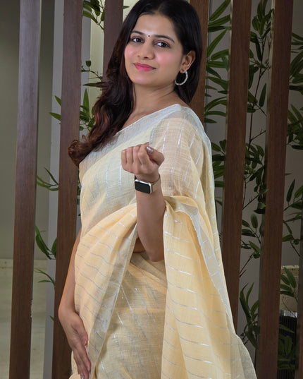 Cream Beige Linen Ready-to-Wear Saree with Blouse Piece