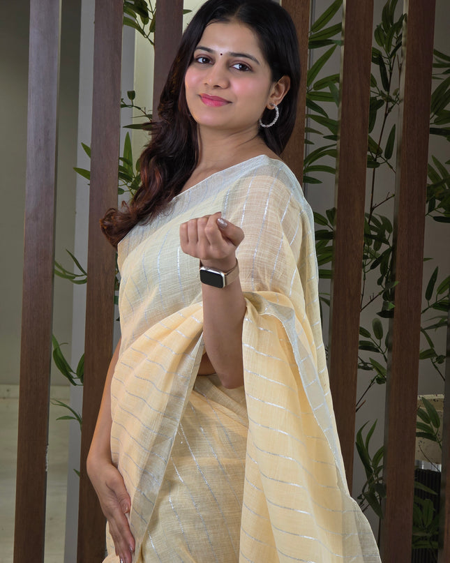 Cream Beige Linen Ready-to-Wear Saree with Blouse Piece