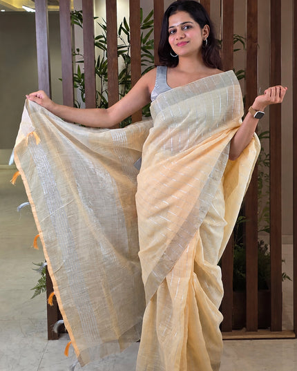 Cream Beige Linen Ready-to-Wear Saree with Blouse Piece