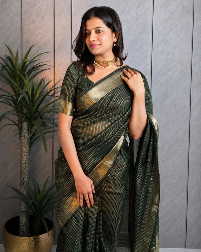 Olive Green Semi Maheshwari Checked Ready-to-Wear Saree with Blouse Piece