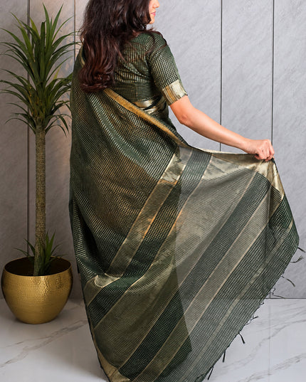 Olive Green Semi Maheshwari Checked Ready-to-Wear Saree with Blouse Piece