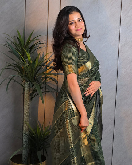 Olive Green Semi Maheshwari Checked Ready-to-Wear Saree with Blouse Piece
