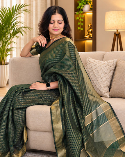 Olive Green Semi Maheshwari Checked Ready-to-Wear Saree with Blouse Piece
