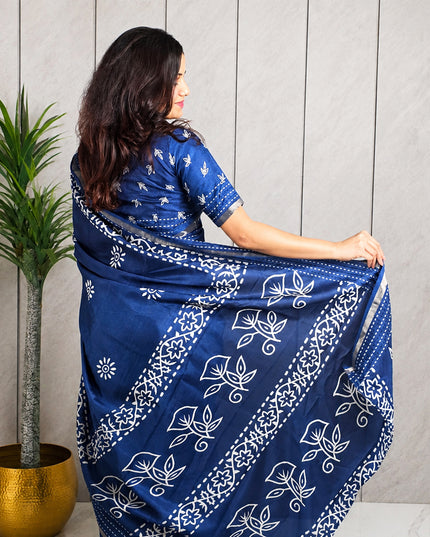 Royal Blue Dola Silk Batik Print Ready-to-Wear Saree with Blouse Piece