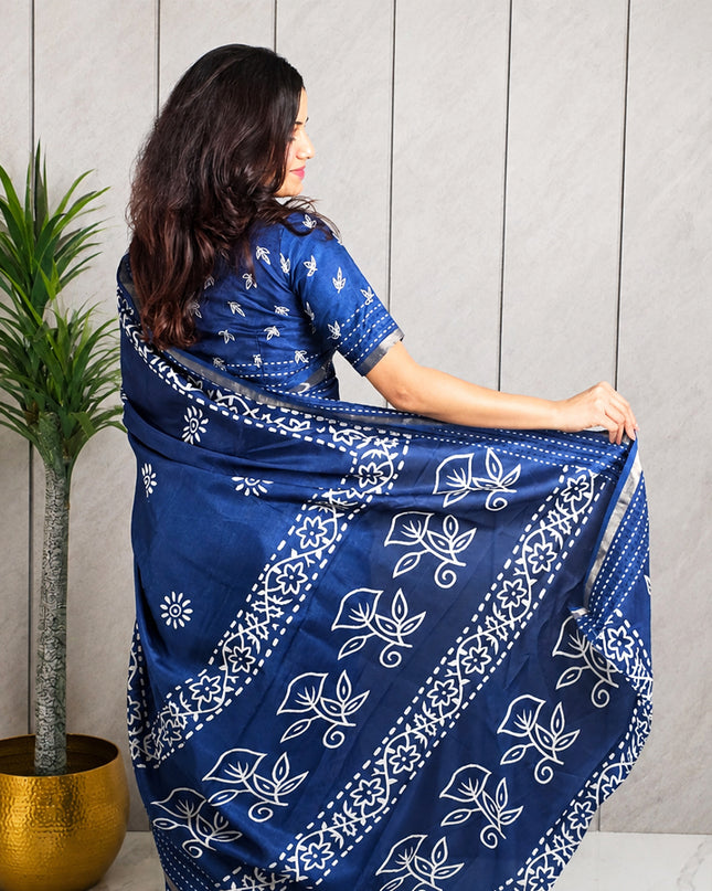 Royal Blue Dola Silk Batik Print Ready-to-Wear Saree with Blouse Piece