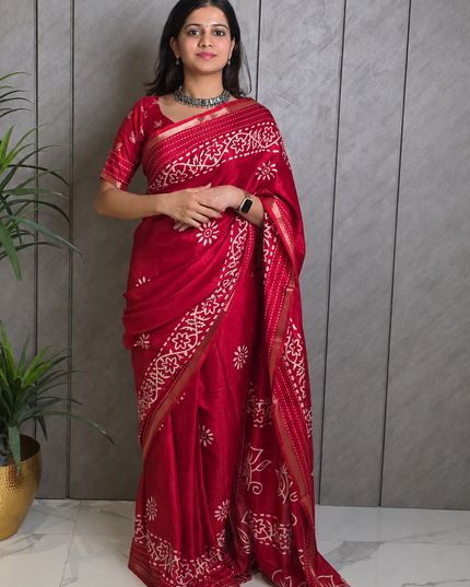 Ruby Red  Dola Silk Batik Print Ready-to-Wear Saree with Blouse Piece