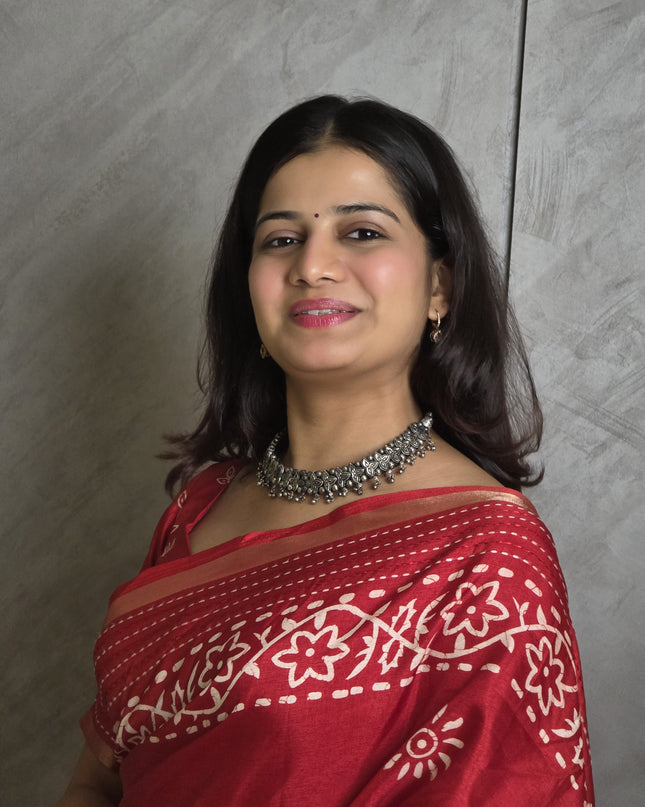 Ruby Red  Dola Silk Batik Print Ready-to-Wear Saree with Blouse Piece