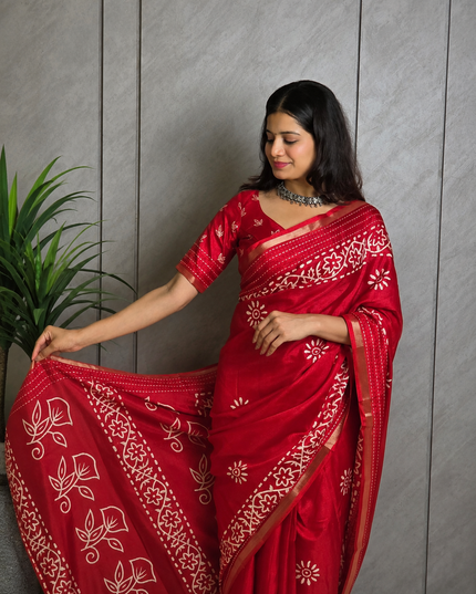 Ruby Red  Dola Silk Batik Print Ready-to-Wear Saree with Blouse Piece