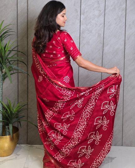 Ruby Red  Dola Silk Batik Print Ready-to-Wear Saree with Blouse Piece