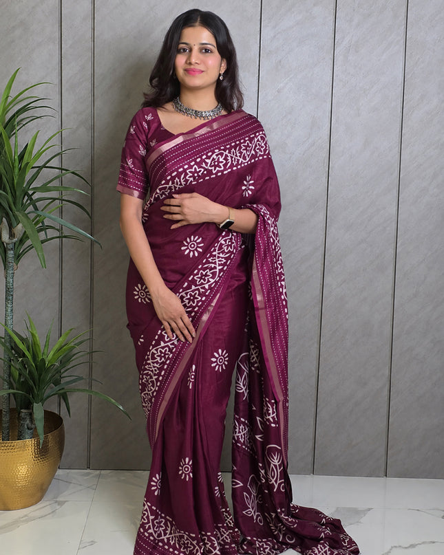 Wine Dola Silk Batik Print Ready-to-Wear Saree with Blouse Piece
