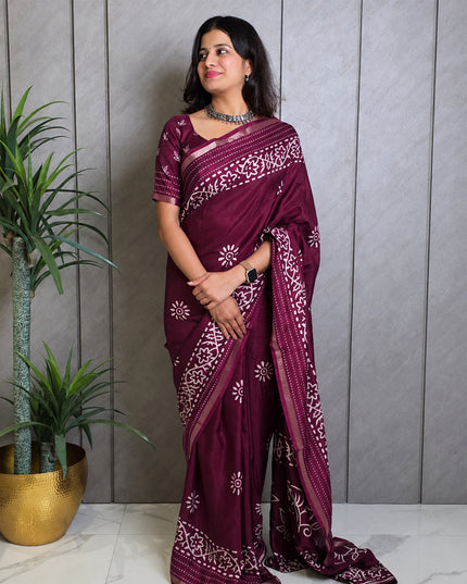 Wine Dola Silk Batik Print Ready-to-Wear Saree with Blouse Piece