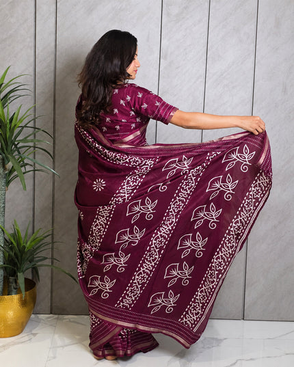 Wine Dola Silk Batik Print Ready-to-Wear Saree with Blouse Piece