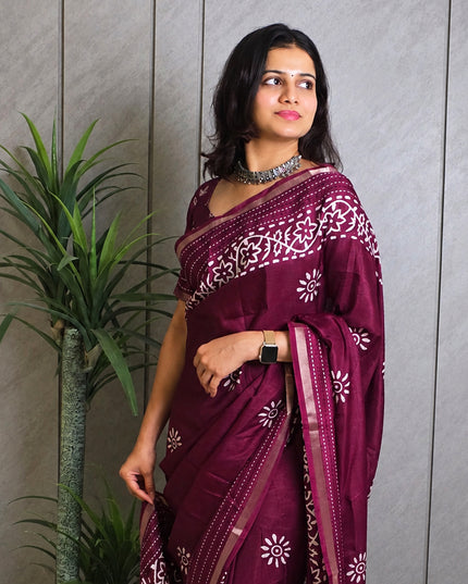 Wine Dola Silk Batik Print Ready-to-Wear Saree with Blouse Piece
