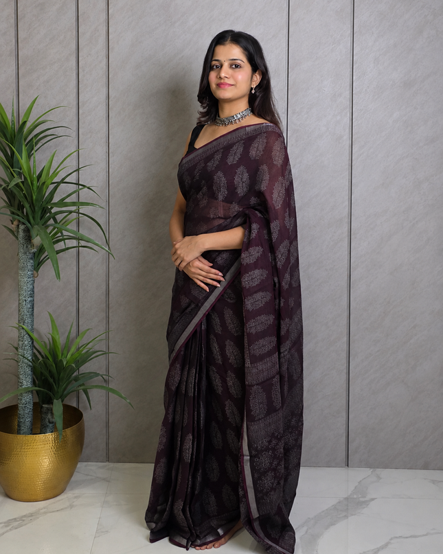 Wine Maroon Linen Ready-to-Wear Saree