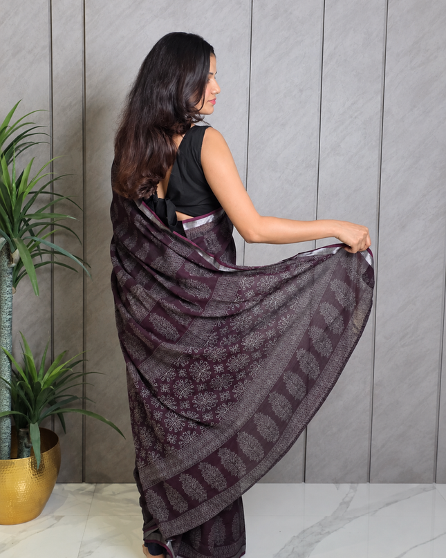 Wine Maroon Linen Ready-to-Wear Saree