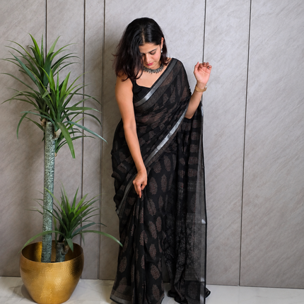 Black Linen Ready-to-Wear Saree
