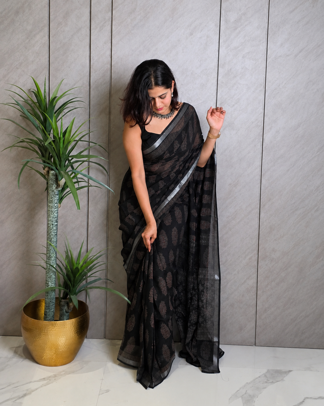 Black Linen Ready-to-Wear Saree