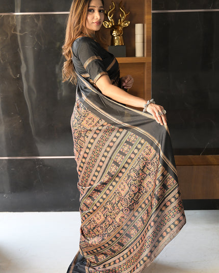 Royal Black Heritage Printed Dola Silk Saree