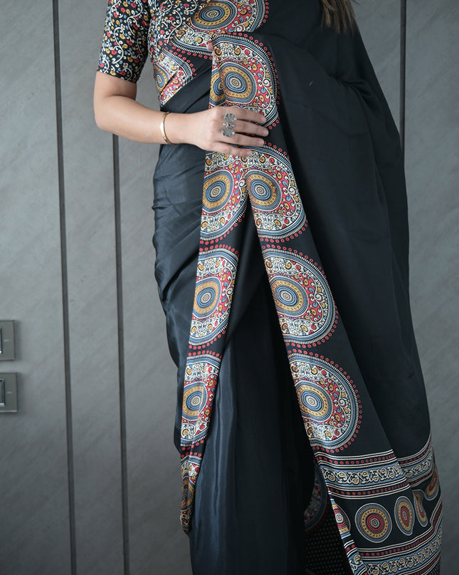 Black Modal Silk Saree with Ethnic Mandala Print