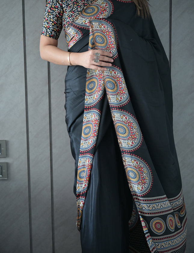 Black Modal Silk Saree with Ethnic Mandala Print