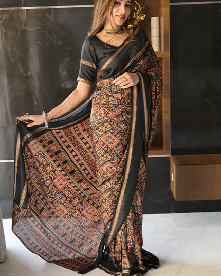 Royal Black Heritage Printed Dola Silk Saree