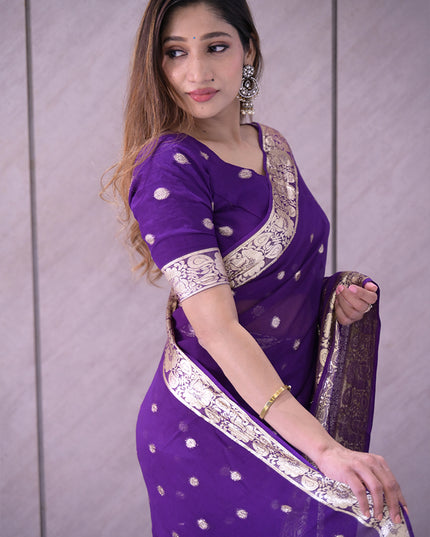 Royal Purple Banarasi Georgette Saree with Silver with golden tint Zari Butas and Elaborate Pallu