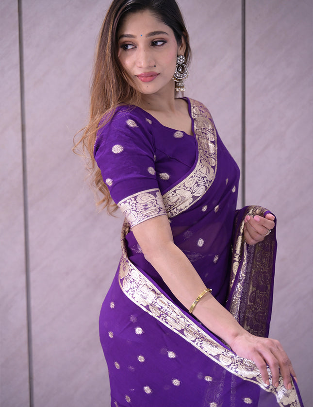 Royal Purple Banarasi Georgette Saree with Silver with golden tint Zari Butas and Elaborate Pallu