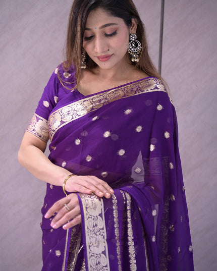 Royal Purple Banarasi Georgette Saree with Silver with golden tint Zari Butas and Elaborate Pallu