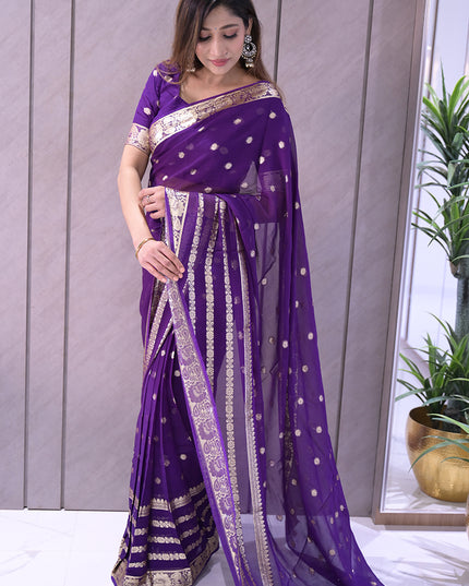 Royal Purple Banarasi Georgette Saree with Silver with golden tint Zari Butas and Elaborate Pallu