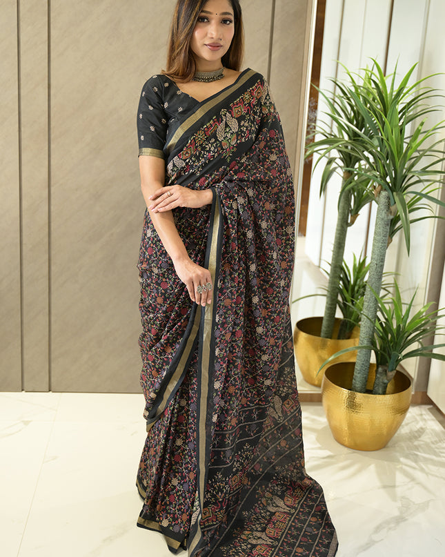 Black Floral Elephant Kalamkari Dola Silk Saree