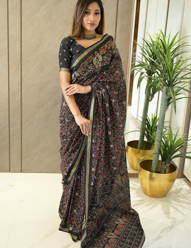 Black Floral Elephant Kalamkari Dola Silk Saree