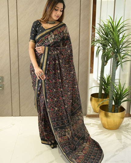 Black Floral Elephant Kalamkari Dola Silk Saree