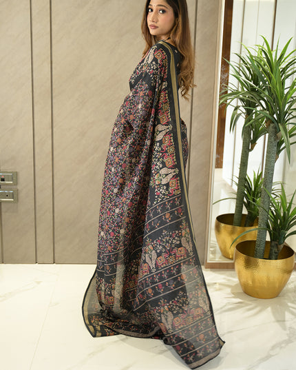 Black Floral Elephant Kalamkari Dola Silk Saree