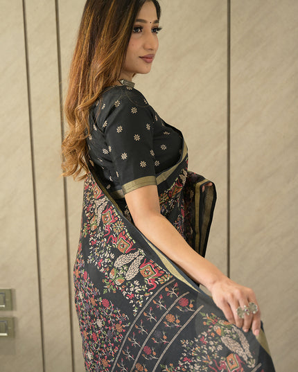 Black Floral Elephant Kalamkari Dola Silk Saree
